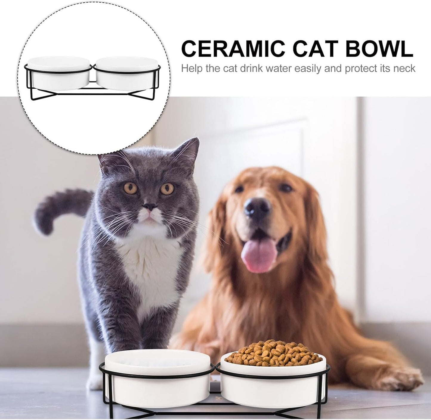 PRETYZOOM Ceramic Pet Bowl Double Dog Bowls with Black Iron Raised Stand 13cm Spill-Resistant Cat Feeding Dish for Water and Food