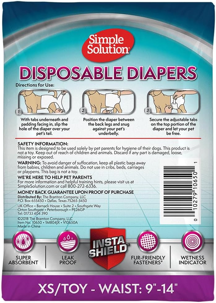 Simple Solution Disposable Dog Diapers for Female Dogs, Leak Proof Diaper for Dogs, Potty Training, XS Puppy Training, Incontinence, Diaper for Peeing, For Small Pets, 9-14 Inch Waist, 12 Count