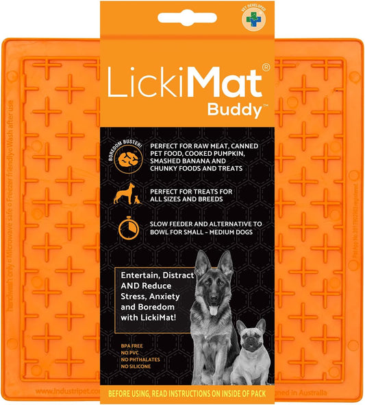 LickiMat Classic Buddy Slow Feeder for Dogs Lick Mat Boredom Anxiety Reducer Perfect for Food Treats Yogurt Liquid Food Peanut Butter Fun Alternative to a Slow Feed Dog Bowl, Orange