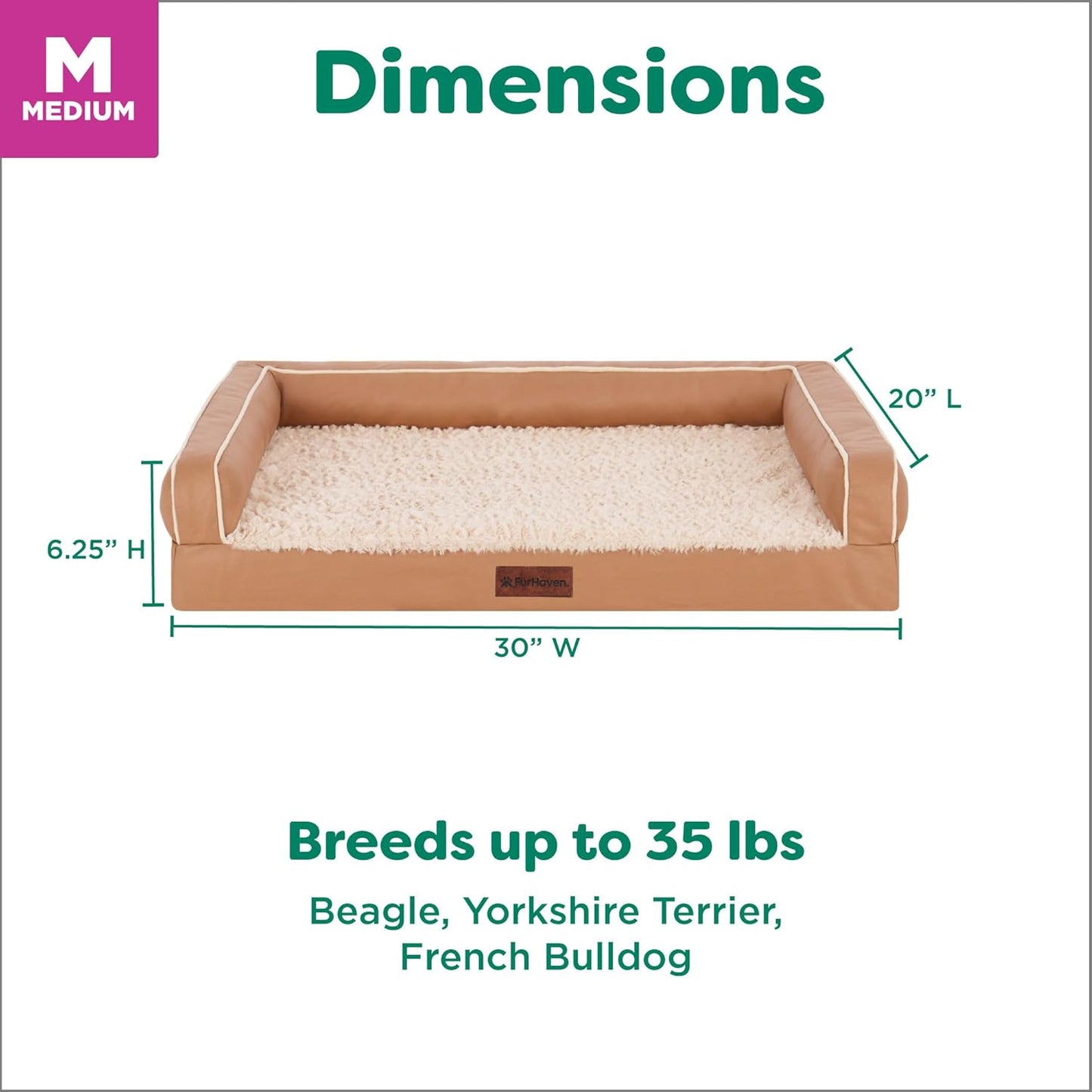 FurHaven Textured Plush & Coated Polyester Solid Core Modern Sofa Pet Bed, Camel, Medium
