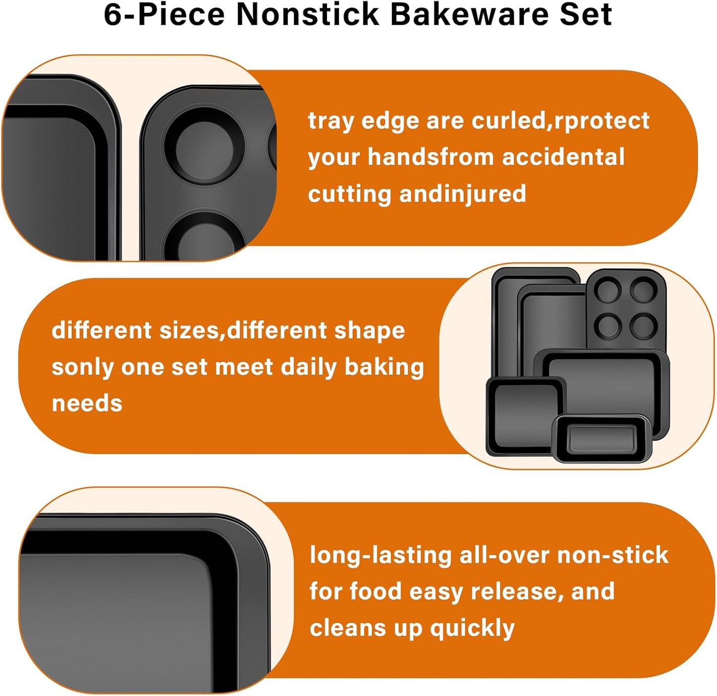6-Piece Carbon Steel Bakeware Set, Nonstick Baking Pans with Cookie Sheet, Deep Roaster, Square Pan, Loaf Pan, Muffin Pan for Cooking,Baking Pans Set (black)