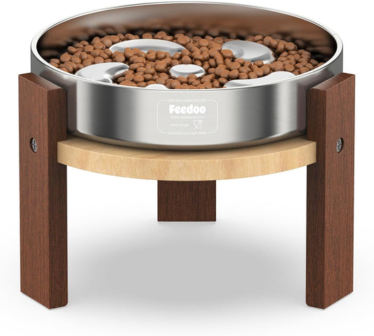 Elevated Dog Bowl Stand, 6'' Height Raised Stand for Medium&Small Dogs, Includes 2Cups Stainless Steel Slow Feeder Dog Bowl, Durable Solid Hardwood