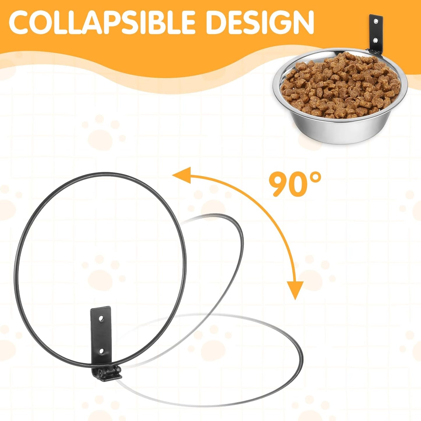 2 Pcs Wall Mounted Dog Bowl, Wall Mounted Pet Feeding Bowls, Elevated Pets Bowls, Adjustable Heights Hanging Stainless Steel Dog Food and Water Bowl with Collapsible Stand Holder