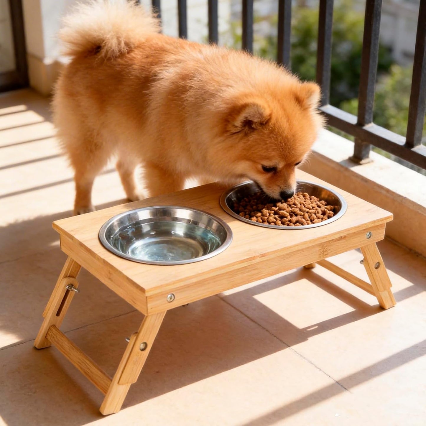 Dog Bowls Elevated,Adjustable Raised Cat Bowl Stand for Small Dogs and Cats Bamboo Pet Food Feeder with 2 Stainless Steel Dish Water Feeding Set