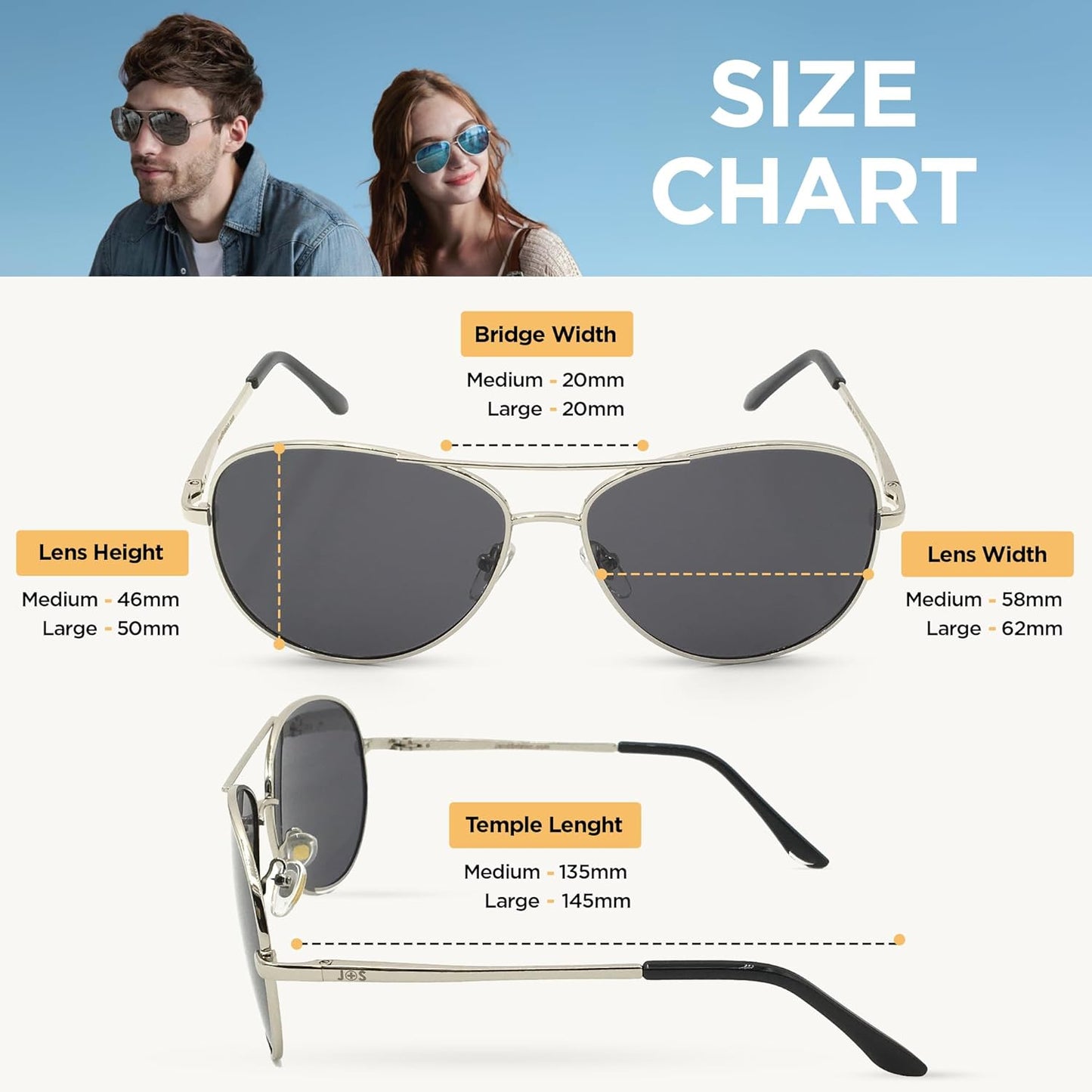 J+S Premium Military Style Classic Aviator Sunglasses, Polarized, 100% UV protection for Men Women