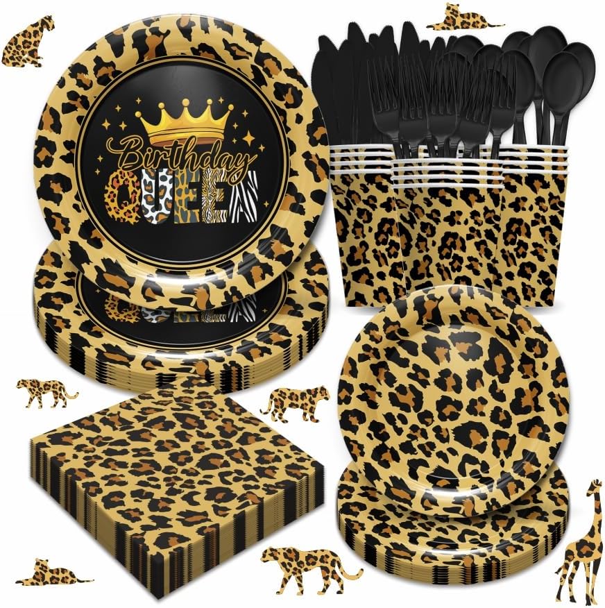 168pcs Leopard Print Party Supplies, Cheetah Print Party Tableware Set Leopard Plates Napkins Cups Cutlery for Wild Animal Leopard Theme Birthday Party Decorations | Serves 24