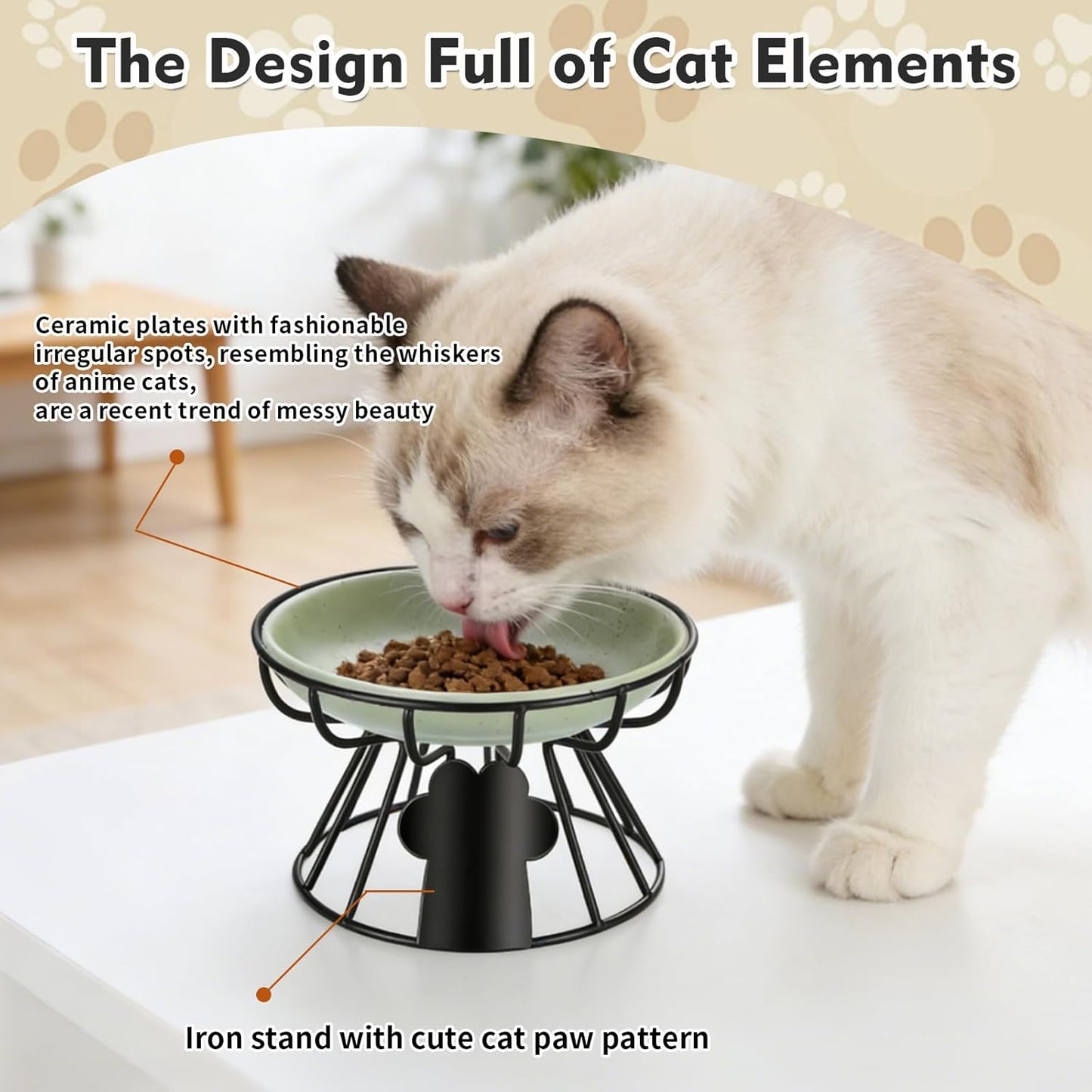 Shallow Cat Dishes with Metal Stand,Elevated Cat Bowl,Ceramic Cat Bowls,Raised Cat Food Bowls,Pet Feeder for Indoor Cats,Kitten and Small Dogs, Dishwasher Safe