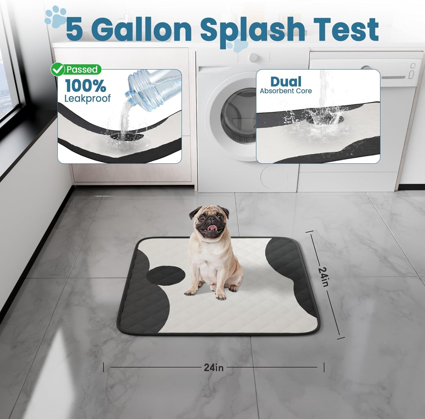 Washable Pee Pads for Dogs 2 Pack 24x24 in - 5 Layer Reusable Puppy Pads, Super Absorbent, Waterproof, Leak Proof Non-Slip Training and Whelping Pet Pee Pads for Crate, Playpen, Potty