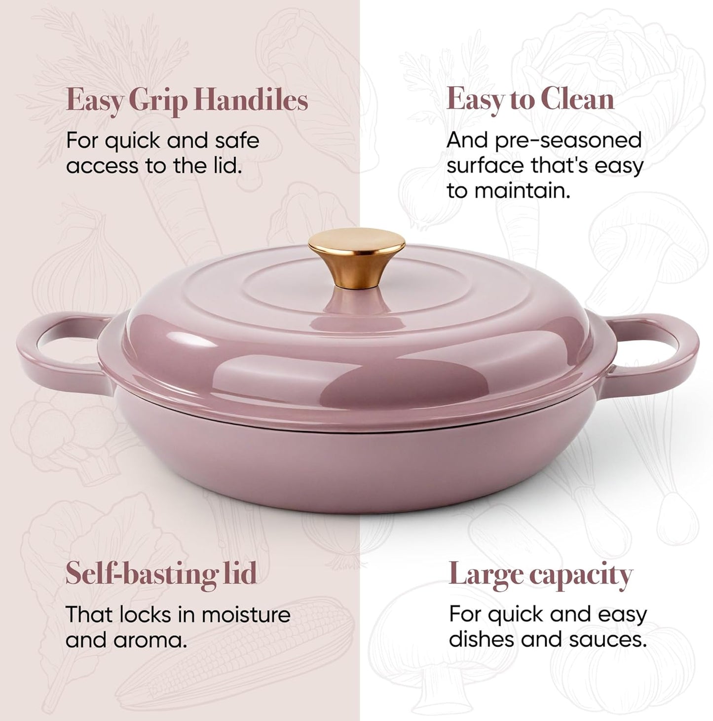 Vintage Style 3 Quart Enameled Cast Iron Braiser, Non Stick Enameled Cast Iron Skillet with Lid, Dutch Oven Skillet with lid up to 500°F for Oven, Stove, Grill, Shallow Dutch Oven for Cook, Bake (Pink)