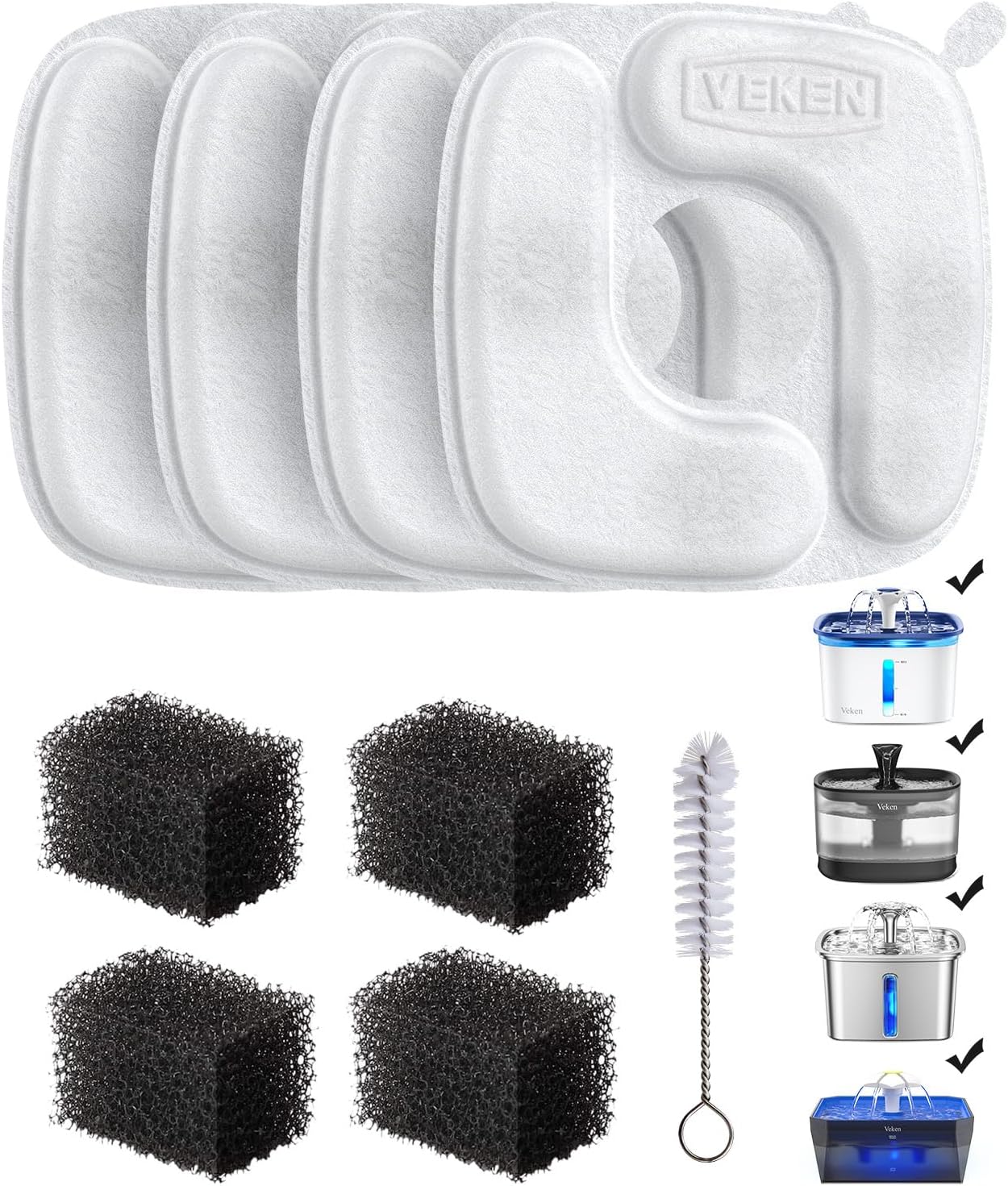 Veken Cat Water Fountain Filters, 4 Pack Replacement Filters & 4 Pack Replacement Pre-Filter Sponges Set for 50oz, 84oz, 95oz or 108oz Automatic Pet Fountain Dog Water Dispenser