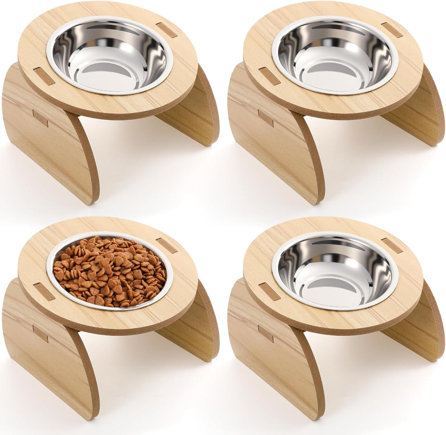 4 Pcs Elevated Stainless Steel Cat Bowls Bamboo Cats Feeding Station Stand, 15°Tilted 5.7 Inches Shallow Wide Raised Metal Cat Bowls for Pet Water Food Shelf Dishes for Indoor Cats Puppy