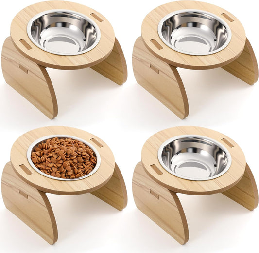 4 Pcs Elevated Stainless Steel Cat Bowls Bamboo Cats Feeding Station Stand, 15°Tilted 5.7 Inches Shallow Wide Raised Metal Cat Bowls for Pet Water Food Shelf Dishes for Indoor Cats Puppy