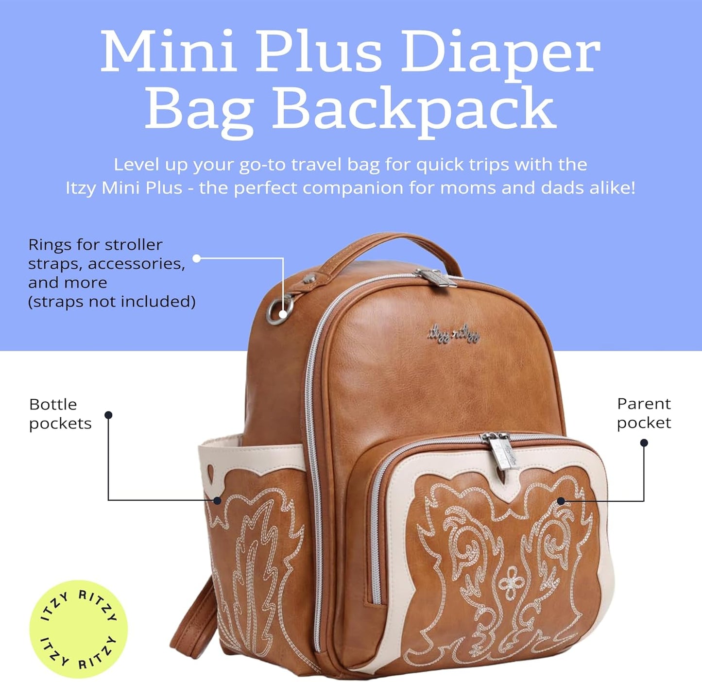 Itzy Ritzy Mini Diaper Bag Backpack – Chic, Compact Mini Plus Backpack with Changing Pad, 10 Pockets (6 Internal, 4 External), Grab-Top Handle & Rubber Feet (Saddle)