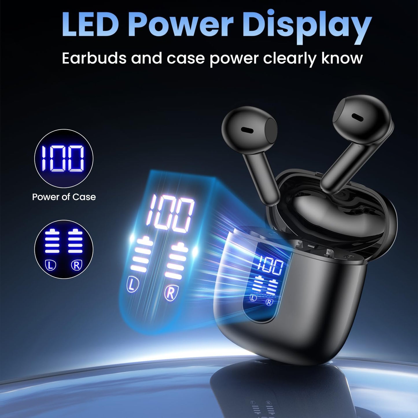 Wireless Earbuds, Bluetooth Headphones with Deep Bass Stereo, 48H Playback Ear Buds with LED Power Display, Lightweight, IPX7, in-Ear Earphones with Mic for iPhone/Android/iPad, Black