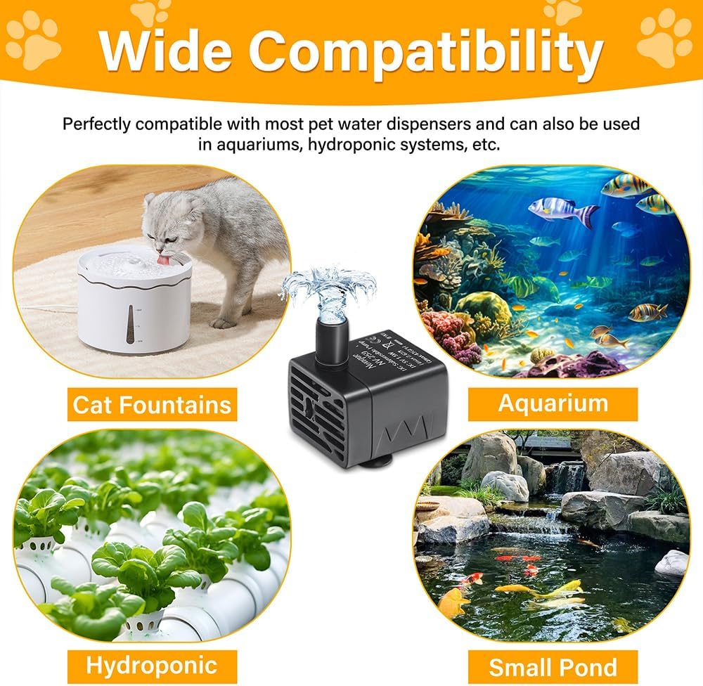 Ultra-Quiet Replacement Pump for Cat Water Fountains Submersible Pet Drinking Fountain Dog Water Dispenser Pump 5V IPX8 Waterproof （USB Cable）