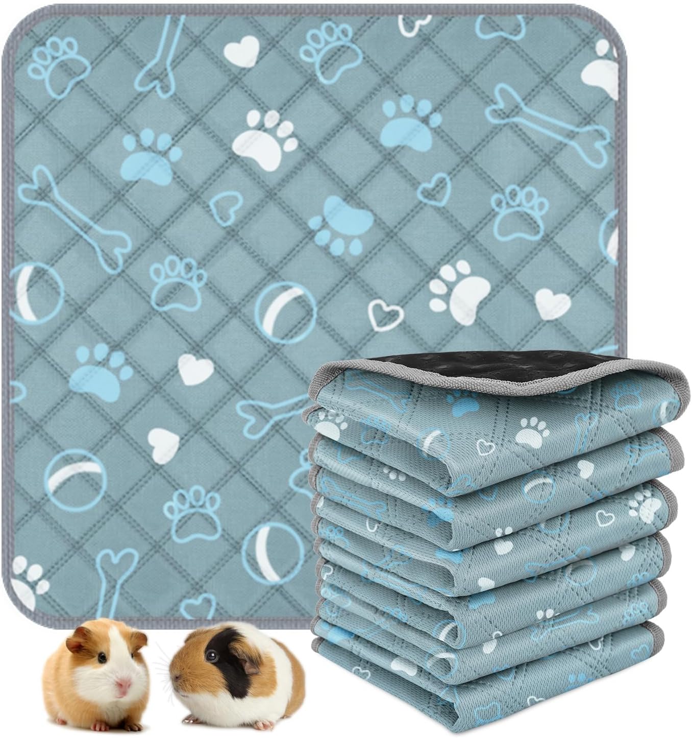 6 Packs Washable Guinea Pig Cage Liners with Paw Print & Cute Design, Waterproof Small Animal Pee Pads, Reusable Absorbent Bedding, Anti-Slip Cage Mats for Guinea Pig Bunny Rabbit Hamster (12x12in)