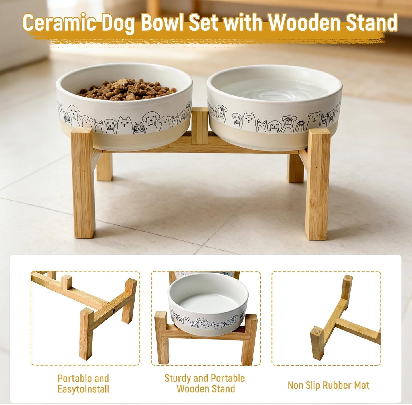 Elevated Ceramic Dog Bowls with Wooden Stand，6.1inch Raised Dog Bowls with Cute Pattern for Small and Medium Breed Dogs,2 Pack Dogs Food and Water Bowl Set,Weighted Pet Dishes Dishwasher Safe