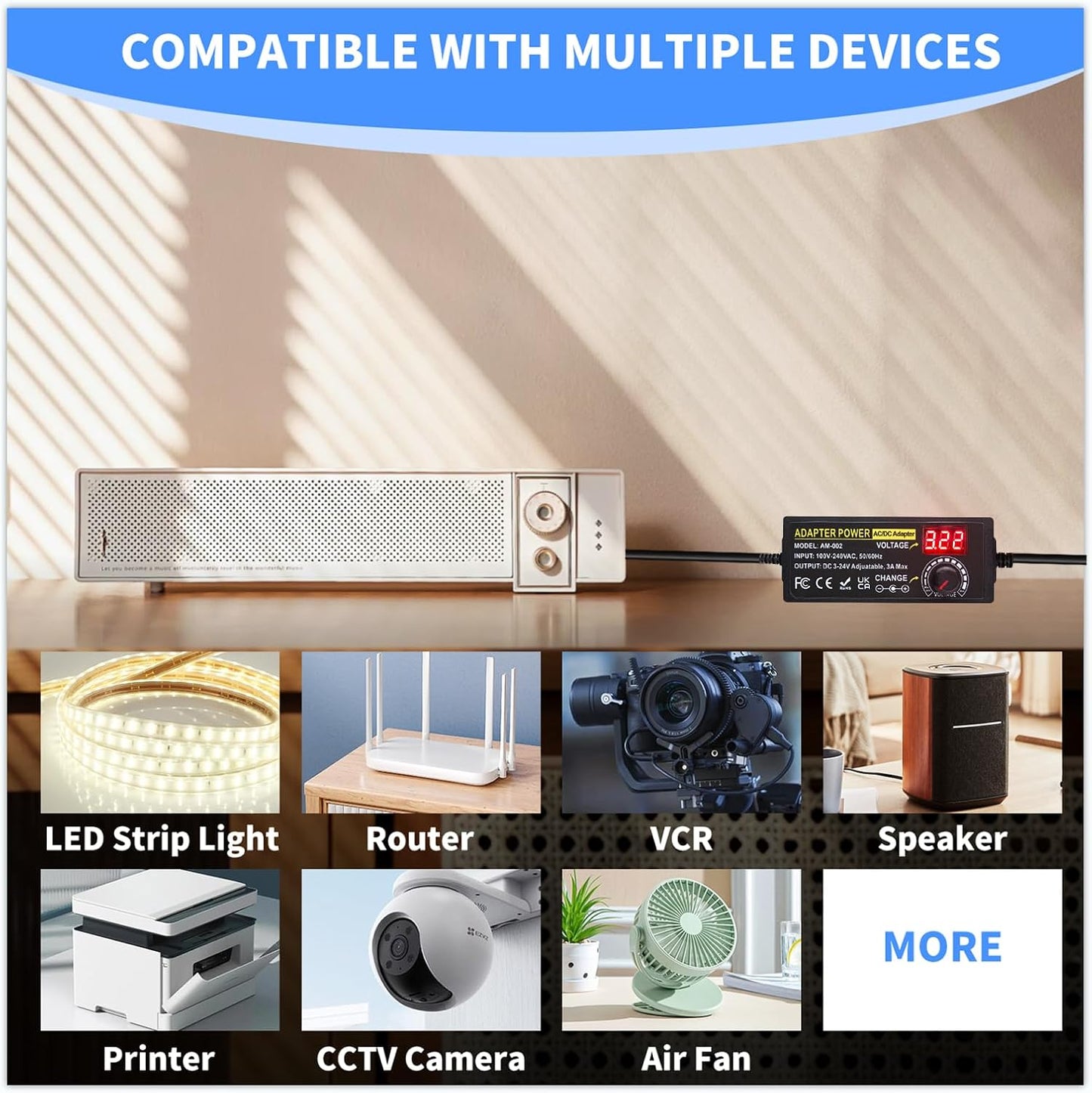 Adjustable Universal Power Supply 3V ~ 24V 3A 72W,100V-240V Switching AC/DC Adapter Converter with 5.5x2.1mm &14 Tips,9V 12V 15V 18V 20V 24V Variable Power Supply for LED Strip Light Printer Speaker