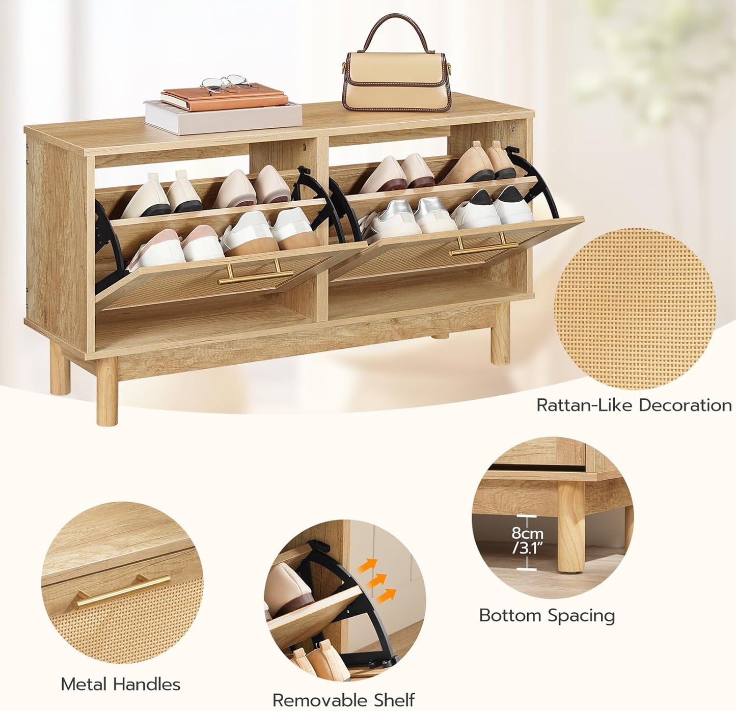 HOOBRO Rattan Shoe Storage Bench with Double Flip Drawers, Narrow Shoe Storage Organizer for Entryway, 11.8"D x 39.4"W x 20.9"H Hidden Space Saving Wooden Shoe Cabinet for Hallway, Natural NL51HX01