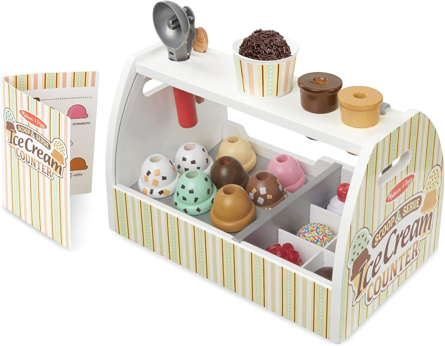 Melissa & Doug Wooden Scoop & Serve Ice Cream Counter, Pretend Play Store, 28 Toy Food & Play Kitchen Accessories, Preschool Toys for Girls & Boys 3+