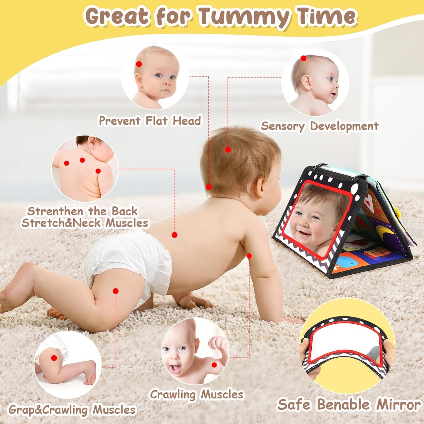 URMYWO Tummy Time Toys - Black and White High Contrast Baby Toy for Newborn - Baby Visual Stimulation Mirror - Crinkle Toy for Infant 0-3-6-12 Months - Boy Girl Shower Gifts - Easter Basket Stuffers
