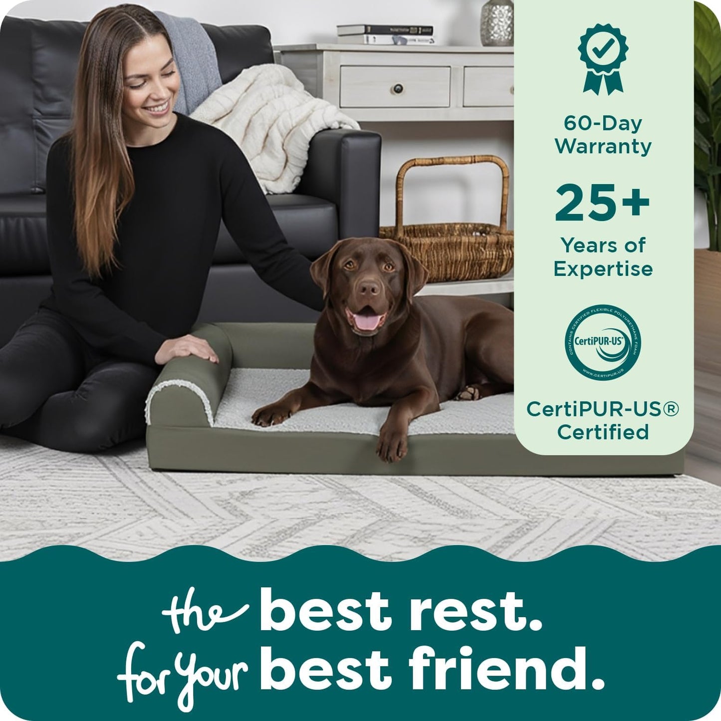 FurHaven Cooling Gel Dog Bed for Large Dogs, L-Shaped Chaise with Cool Gel-Top Foam with a Solid Orthopedic Foam Base for Joint Support, Washable Cover, Jumbo XL, Plush Faux Fur & Suede, Dark Sage