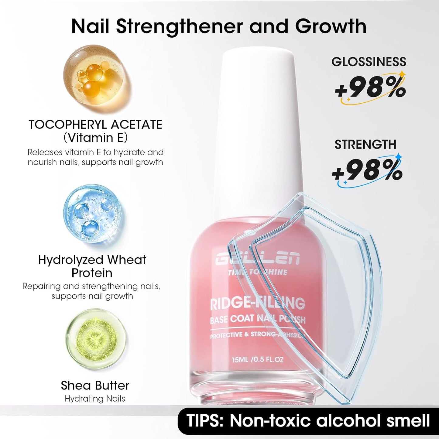 GELLEN Clear Nail Polish Ridge Filling Base Coat, Sheer Milky Pink Tint Ridge Filler For Nails | Hydrate Fortify Repair Damaged Dry Finger Nails | Shea Butter, Vit E, Protein | Toxin HEMA TPO Free