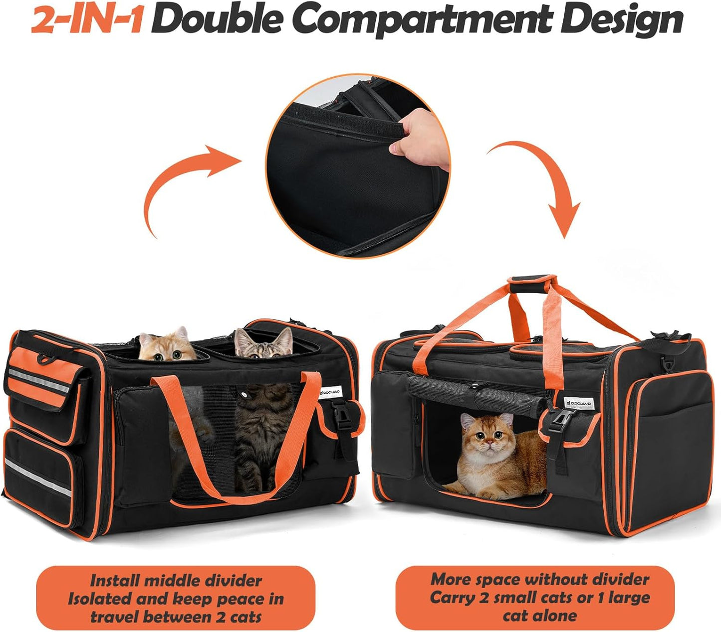 Expandable Extra Large Cat Carrier for 2 Cats with Litter Box for Kitten, Large Cat Small Dog Pet - Collapsible Double Cat Large Pet Carrier for Car Travel Outdoor Camping