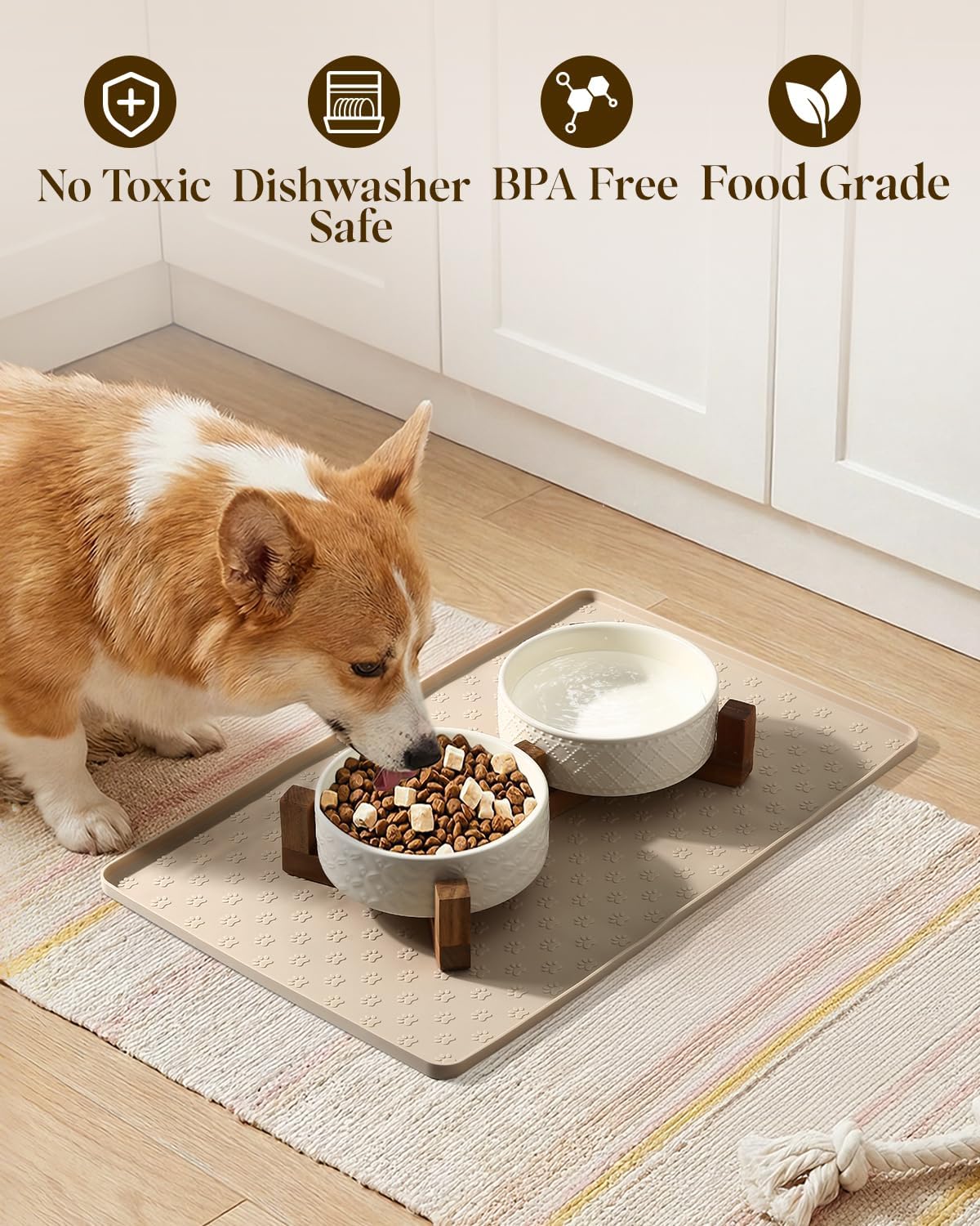 Dog Bowl Set with Acacia Wood Stand & Silicone Mat, 2.0-Cup Ceramic Puppy Bowls for Small Dogs, Dual Food and Water Bowls with Weighted Non-Slip Base & Dog Food Mat