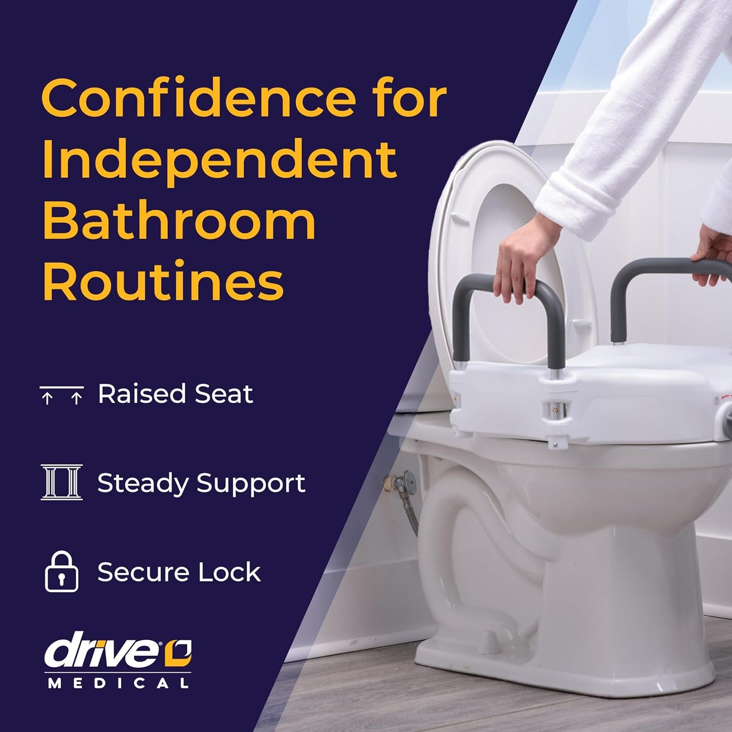 Drive Medical 2-in-1 Raised Toilet Seat with Removable Padded Arms - Elevated Bathroom Safety Support - Secure Locking Attachment - Easy Height Assistance - Durable Construction, Standard Toilets