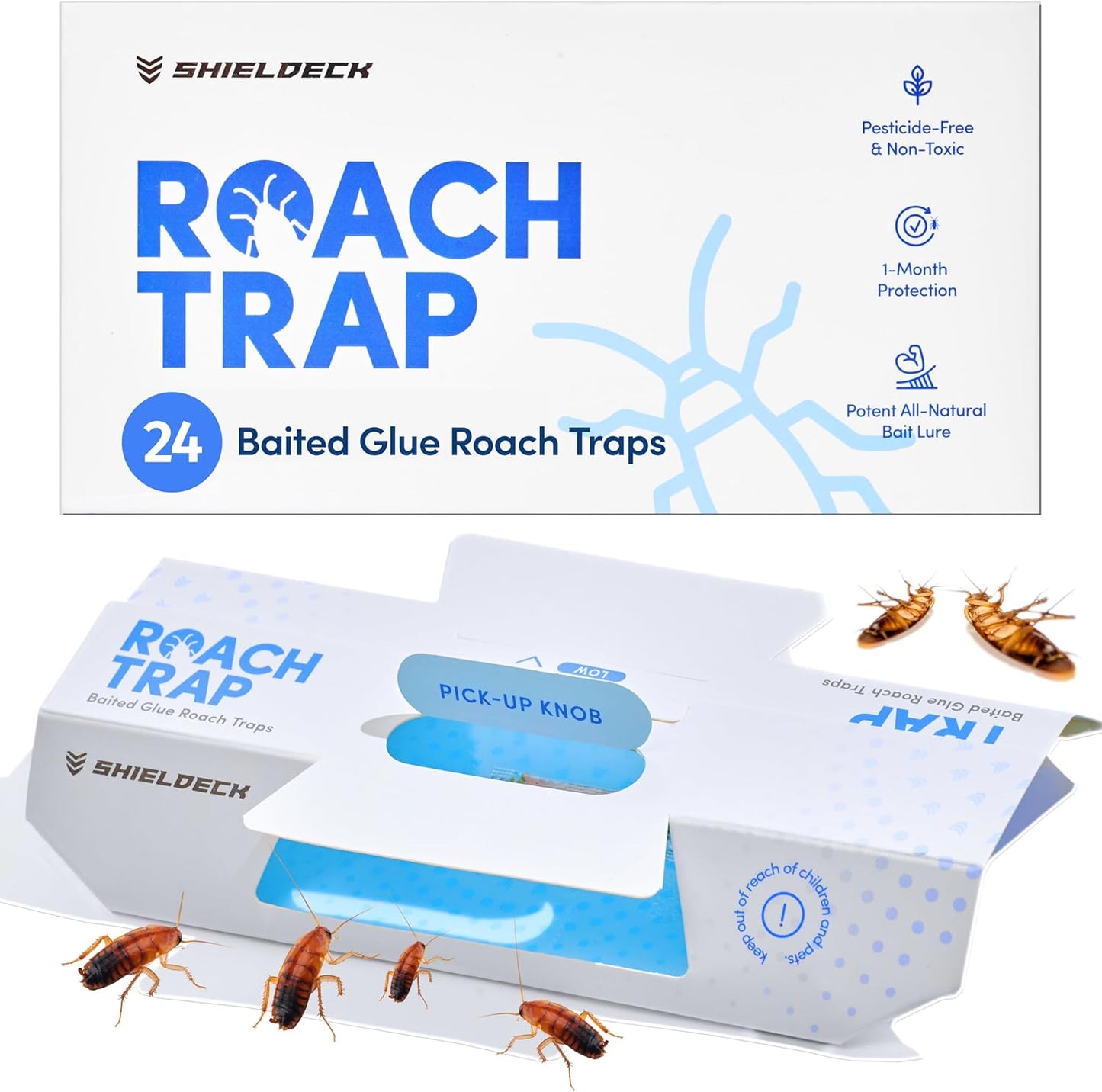 Shieldeck Roach Traps Indoor (24 Pack) – Non-Toxic Sticky Glue Traps for Roaches, Spiders & Crickets – Safe Roach Catcher for Home, Car, Apartment & Motel Pest Control