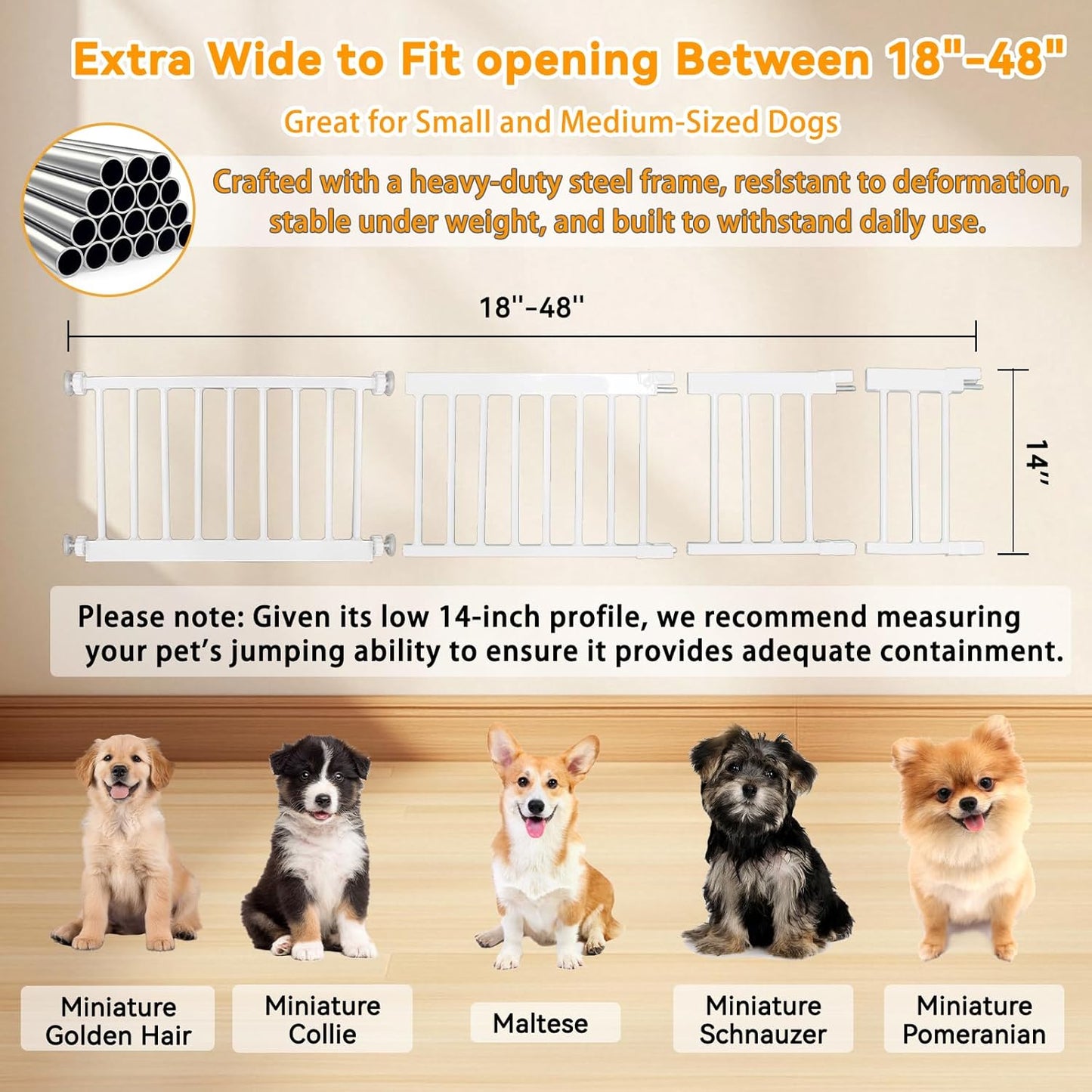 Dog Gate, SHYUJAJIE Adjustable Extra Wide Short Dog Gate,Small Pet Gate with 4 Extension Kits, Pressure Mounted for Doorways & Stairs (White, 18-48" W*14" H)