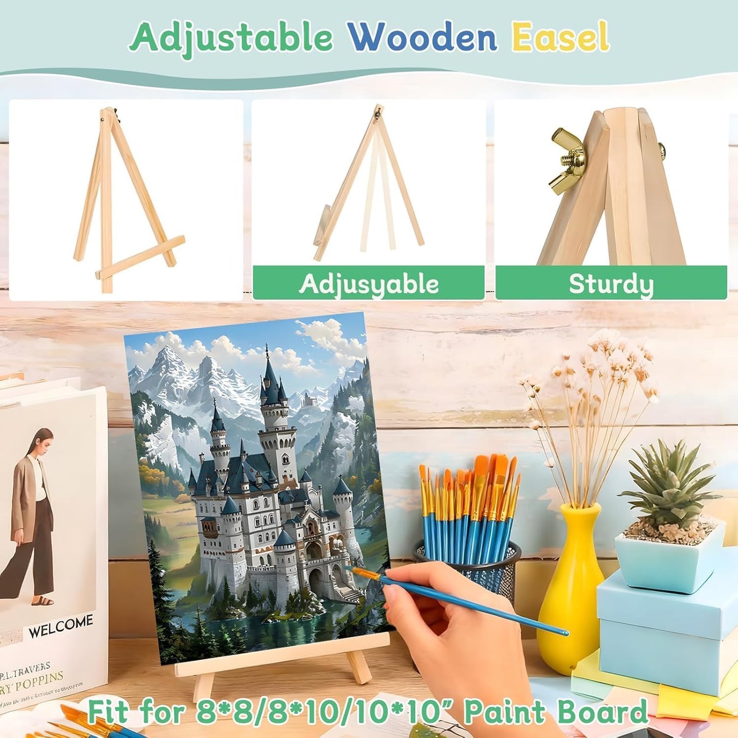 120pcs 8x10 Inch Painting Supplies Kit, 12Pack Art Canvas Bulk with Easel Stand, 12 Colors Mini Acrylic Paint Set, Small Paint Brushes, Paint Trays, Painting Kit