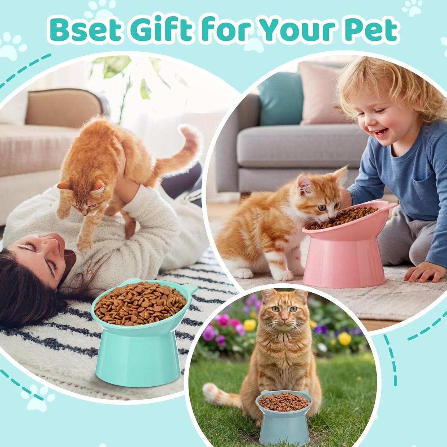 9 Pcs Plastic Raised Cat Bowls Bulk Elevated Tilted Dishes 15 Degrees Tilted Anti Vomiting Friendly Food Water Feeder Pet Slanted Stand Bowl for Indoor Cats Shelter(Cute,Pastel Color)