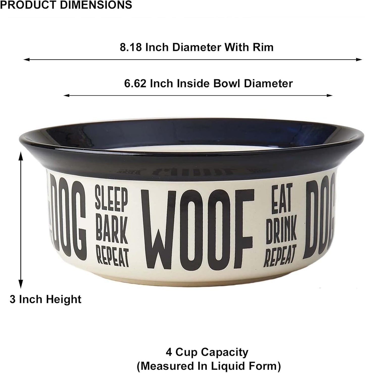 PetRageous 17001 Eat Drink Repeat Two-Tone Stoneware Dishwasher Safe Dog Bowl 4-Cup 8.18-Inch Diameter 3-Inch Tall for Medium and Large Dogs and Cats, Off-White, (Pack of 1)