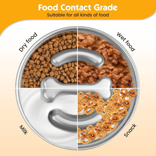 Small Dog/Puppy Slow Feeder, Stainless Steel Feeding Bowl with Unique Bone Design for Slower Eating Non-Slip Base