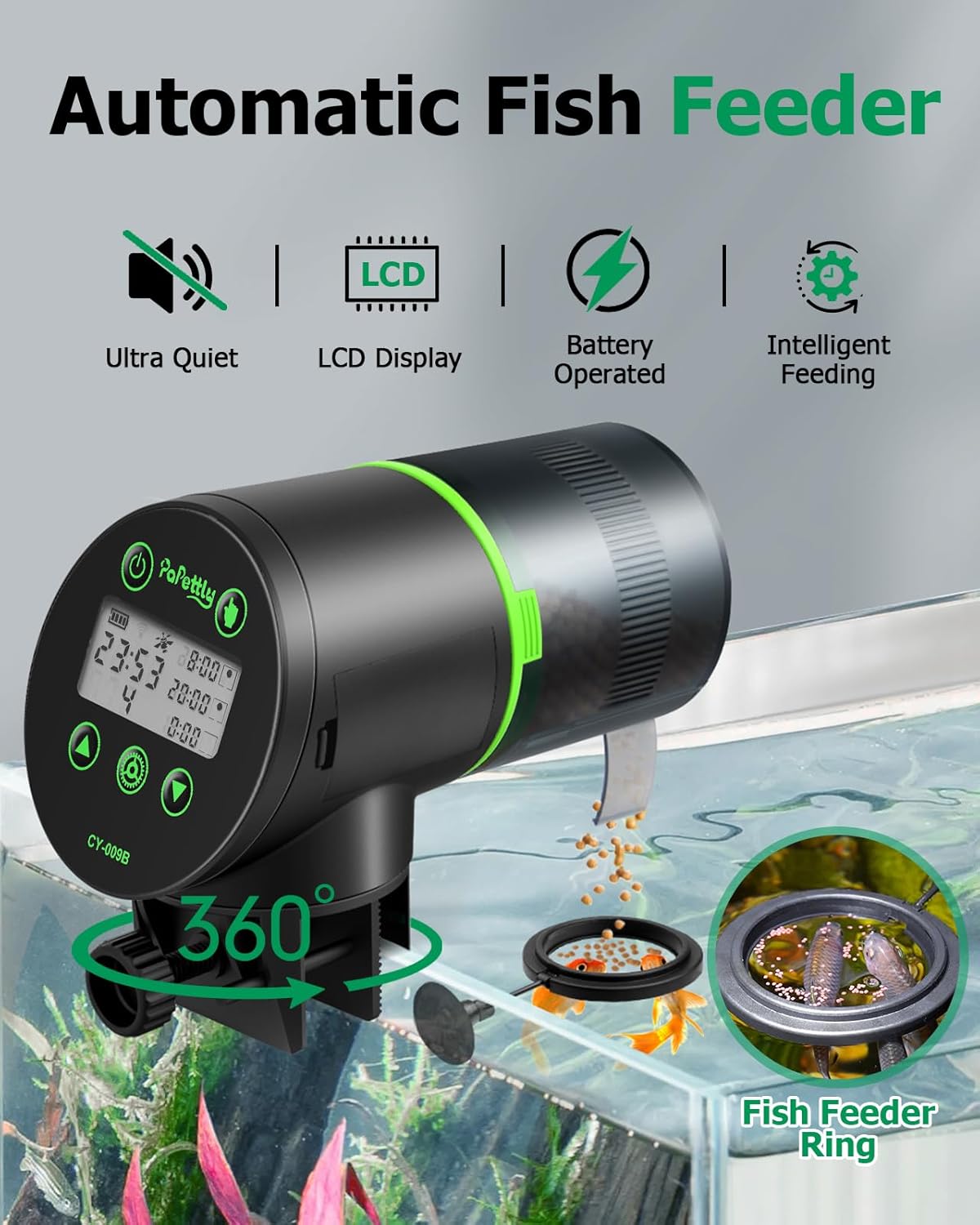 Automatic Fish Feeder for Aquarium, Auto Fish Food Dispenser with Timer and Feeding Ring, Moisture-Proof, Smart Fish Tank Vacation Feeder with 2 AAA Batteries