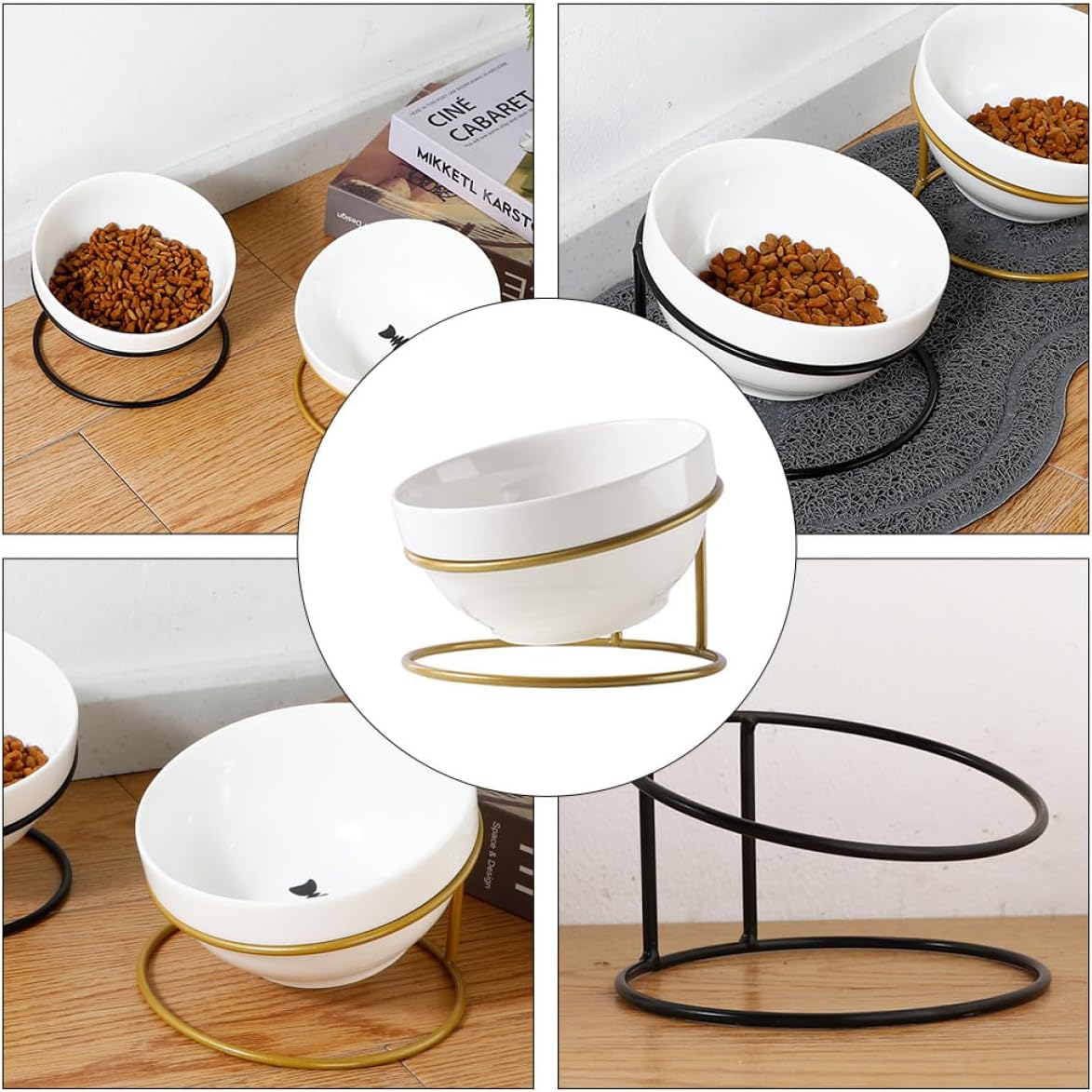 Milisten Ceramic Pet Feeding Bowl with Iron Stand, Slant Design Raised Cat Food Bowl for Indoor Use, Protective Elevated Pet Feeder for Dogs and Cats Random Style