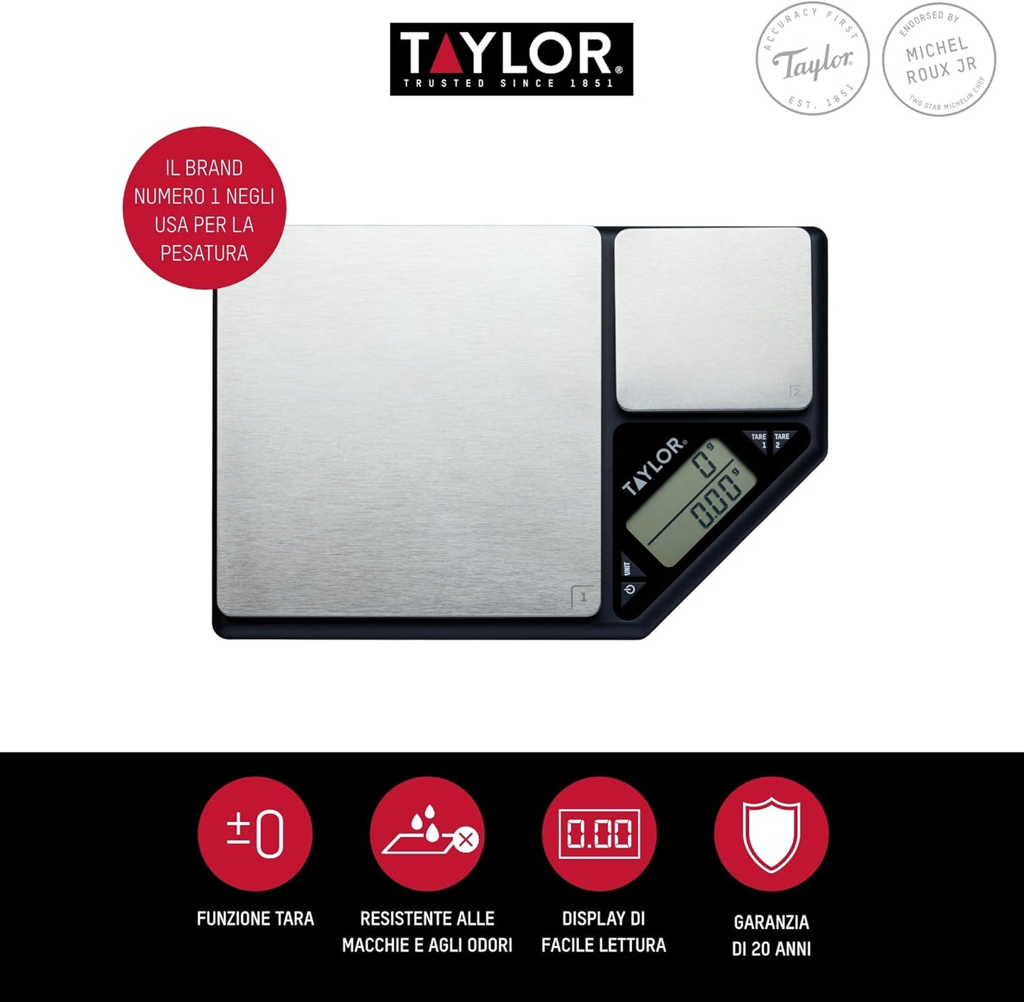 Taylor KitchenCraft Digital Kitchen Scale Dual Platform, Pro Professional Standard, Precision Accuracy and Tare Function, Brushed Stainless Steel, 5kg Capacity Black/Silver