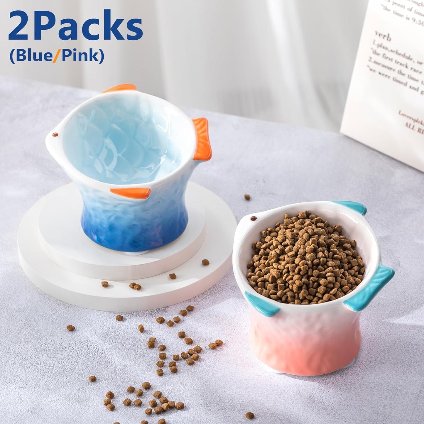 Tioncy 2 Pcs Raised Tilted Ceramic Cat Food Bowl Fish Shape Cute Elevated Slanted Shallow Angled Cat Dish Non Slip Feeder Bowl for Anti-Vomiting and Whisker Fatigue(Blue, Pink)