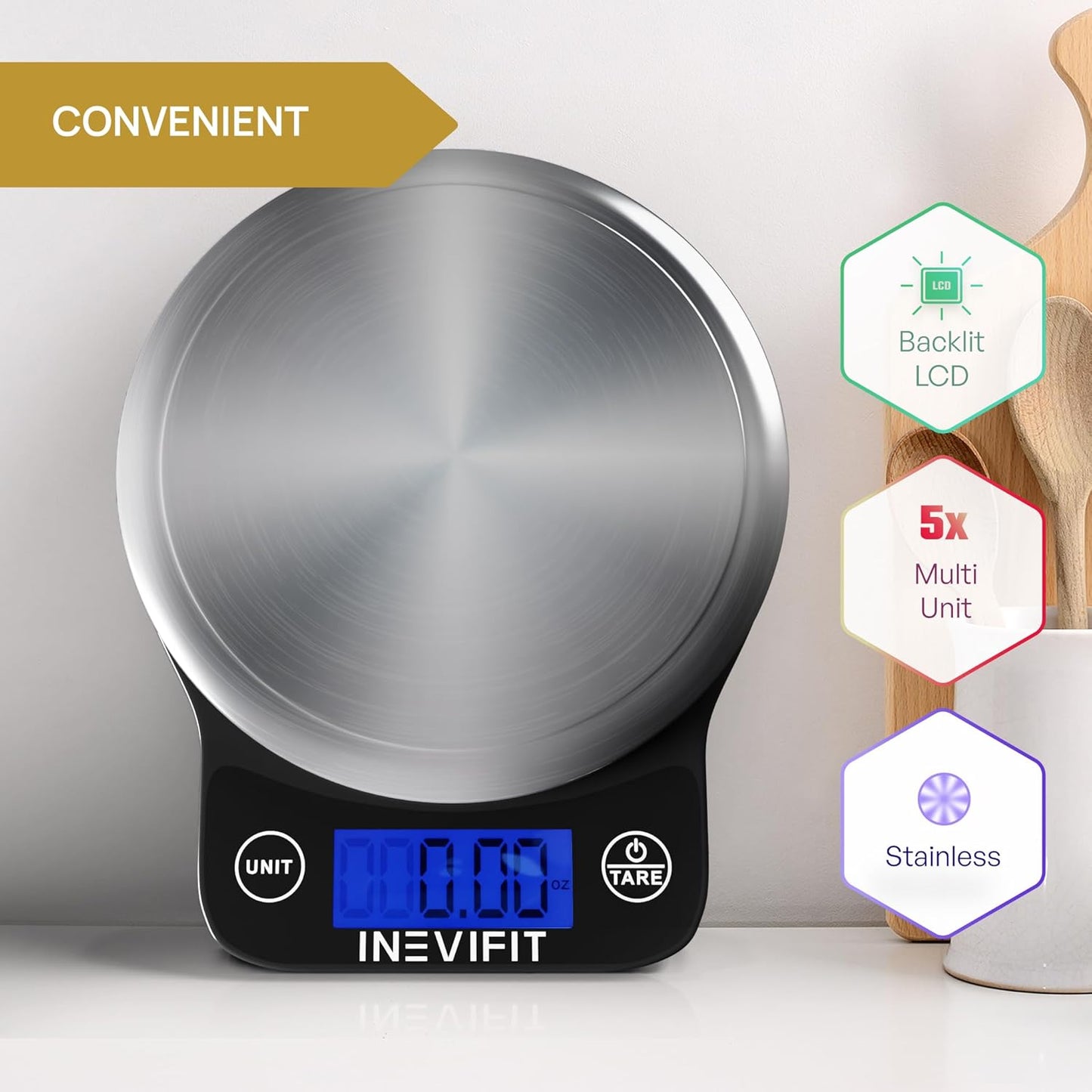 INEVIFIT Digital Kitchen Scale, Highly Accurate Multifunction Food Scale 13 lbs 6kgs Max, Clean Modern Black with Premium Stainless Steel Finish. Includes Batteries