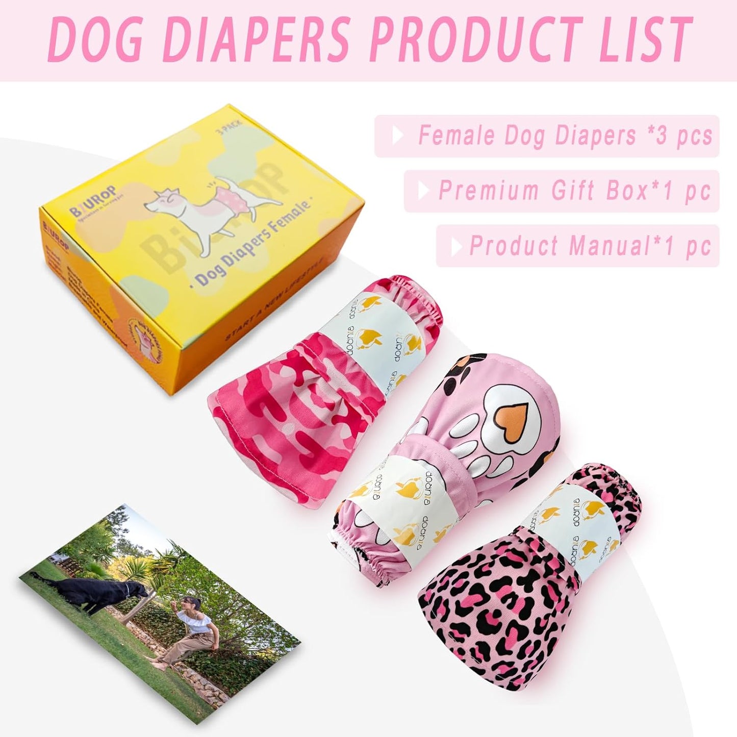 Cathy Doll 3 Pack Premium Reusable Washable Dog Diapers for Female Dogs in Heat Period Incontinence Puppy Training Highly Absorbent Leak-Proof Durable Pink (S)