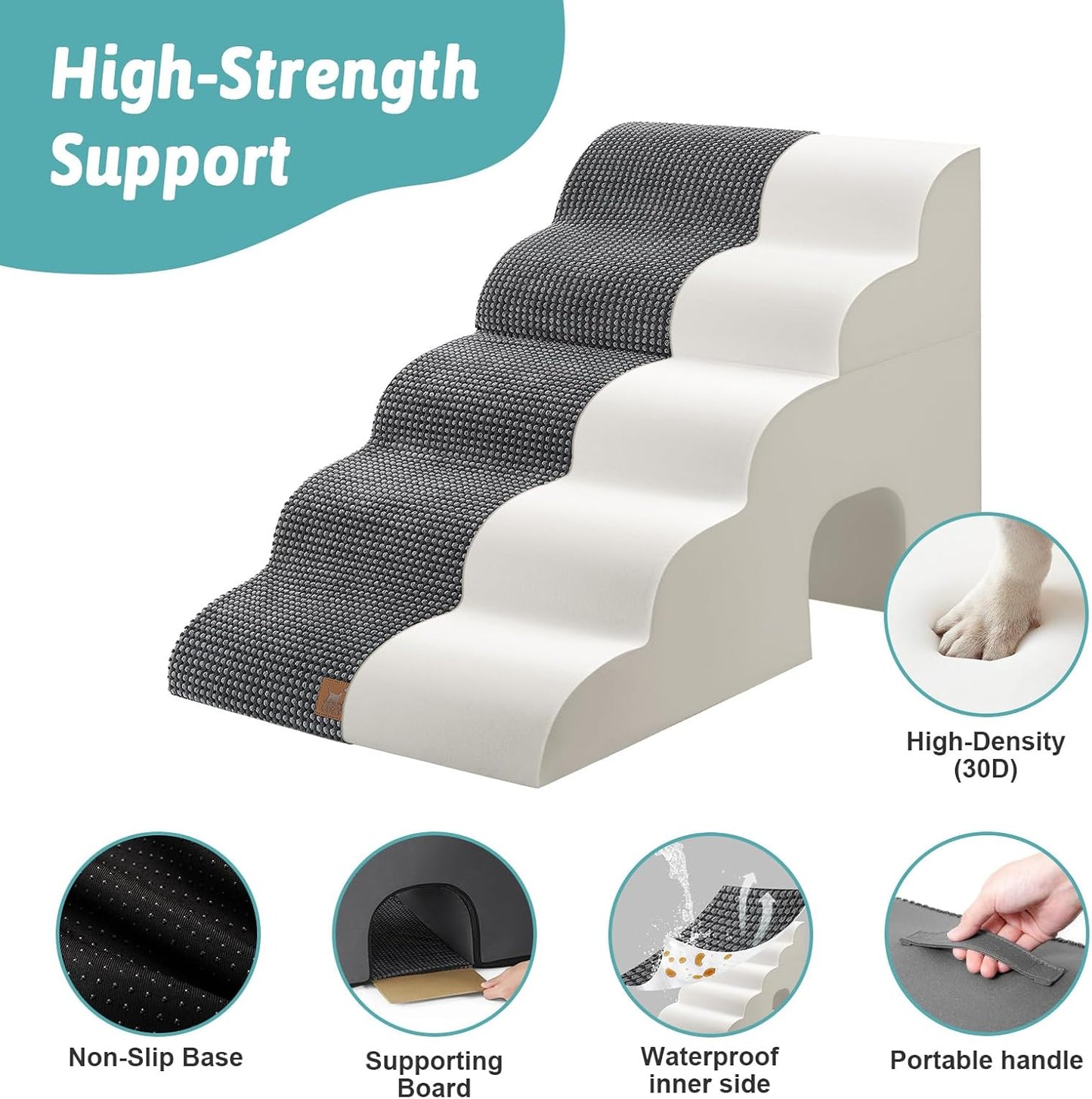 Dog Stairs with Tunnel, 5-Step Detachable Extra Wide Pet Stairs for Bed and Couch, 22.4" H Dog Step for Lowrider and Puppy, Elderly Cats, 17.7x33x22.4 inch, 5 Step, Dark Grey