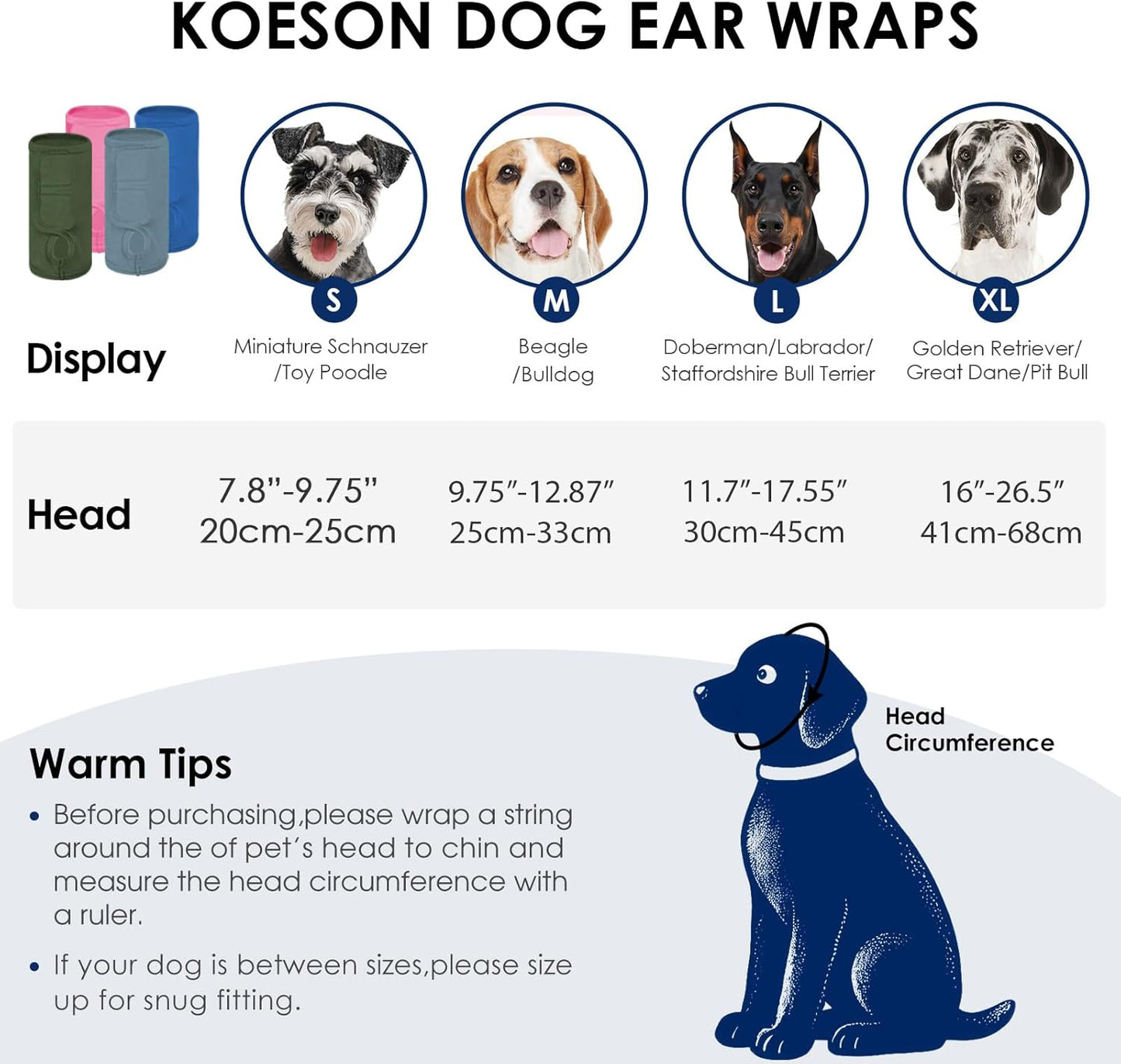 KOESON Adjustable Ear Wrap for Large Dogs, Soft No Shake Dog Ear Wraps Hematoma, Breathable Dog Ear Cover for Noise Protecion, Neck Wounds, Pet Calming Hoodie for Thunder, Firework, Separation