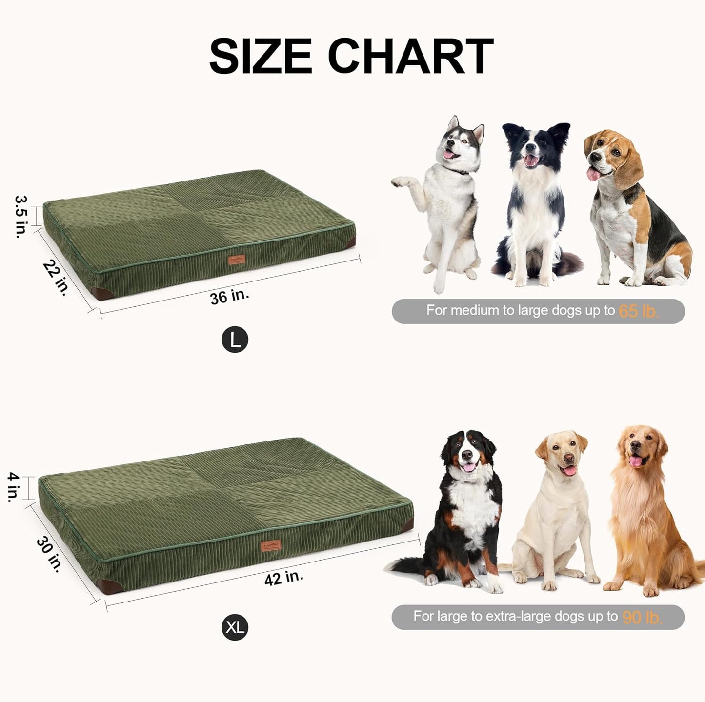 FUKUMARU Dog Bed, Thickened Corduroy Orthopedic Dog Beds with Washable Cover, XL Waterproof Dogs Bed for Crate, 28D Egg Crate Foam Support Pet Mat, Cozy Pet Bed Pad with Anti-Slip Bottom, Green