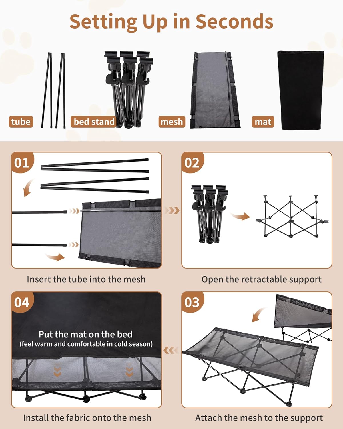 KingCamp Elevated Dog Bed for Large Dogs, Outdoor Raised Cooling Pet Cot Bed with Washable Breathable Mesh & No-Slip Feet Perfect for Camping, Backyard, Indoor Use (Large, Black)