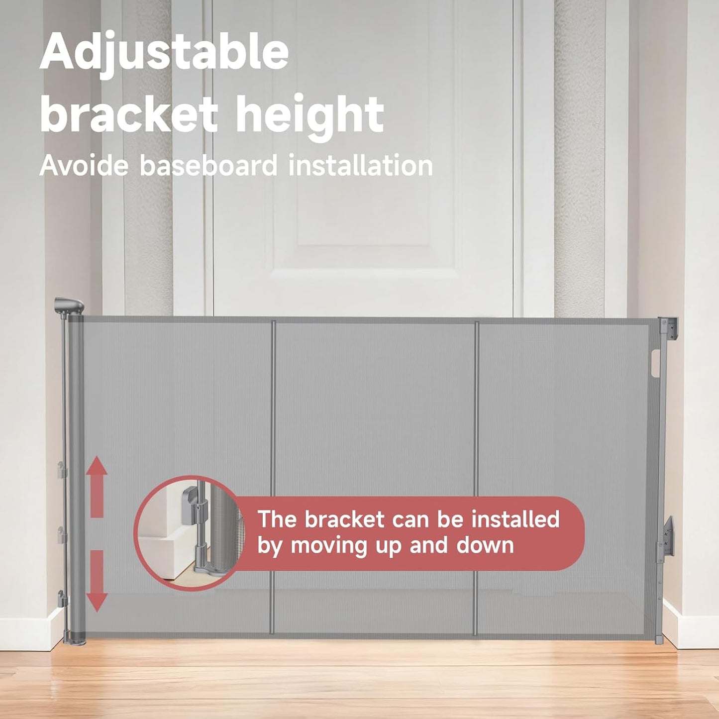Reinforced Retractable Baby Gate, Extra 38" Tall, Extends up to 63" Wide, Hardwared Installation Mesh Gate for Stairs, Dog Gate, Child Pet Gate for Stairs, Doorways, Hallways, Indoo (Gray)