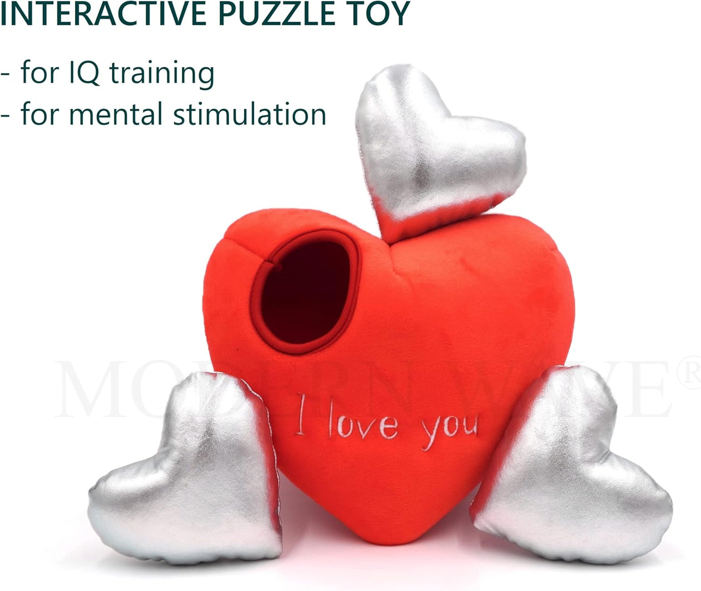 MODERN WAVE - Squeaky Plush Dog Toy - Interactive Hide and Seek Squirrel Type Puzzle Toy for Dogs, Small - Medium Size (Red Heart and Silver Hearts)