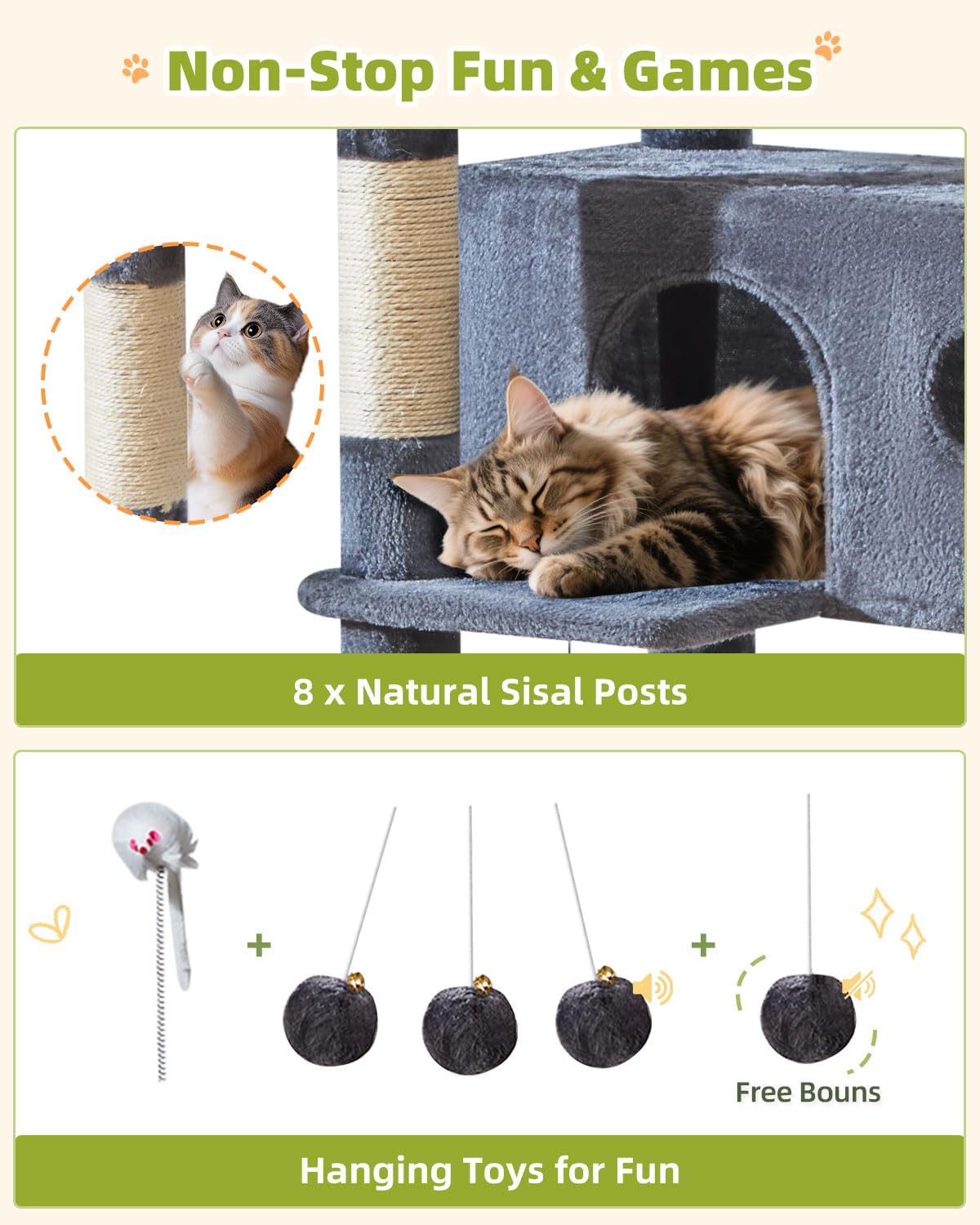 Taoqimiao Cat Tree Tower, 76-Inch Sturdy Cat Tree for Indoor Cats Large Adult Cat Tower with Scratching Posts，2 Condos, 2 Perches, 2 Large Hanging Baskets, Soft Hammock, MS046G Smoke Gray
