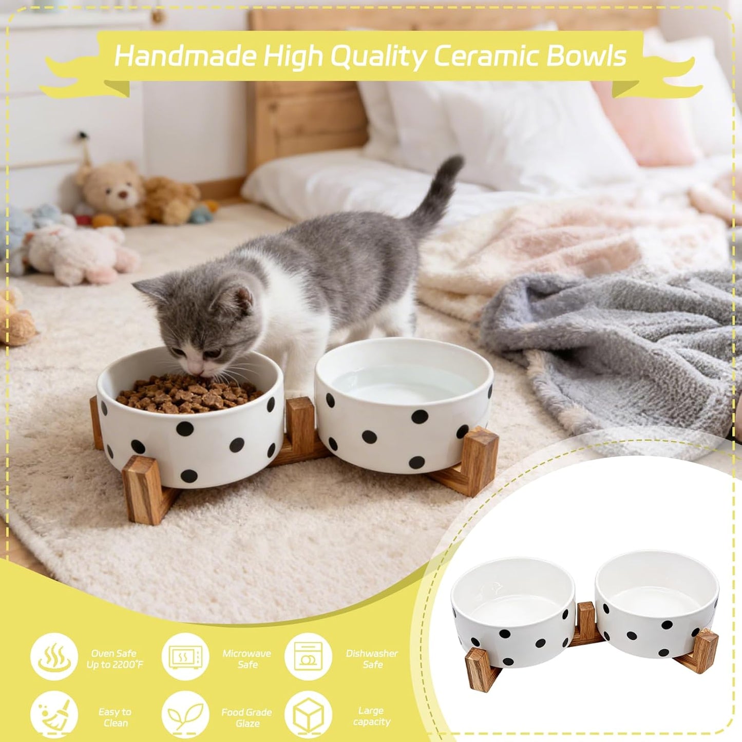 28.74 OZ Elevated Ceramic Dog Bowl Set with Acacia Wood Stand - 3.6 Cup Cat Food Bowl Raised Pet Dish Modern Indoor Water Basic Bowls for Puppies - 850 ML (Double Bowl with Stand - White)